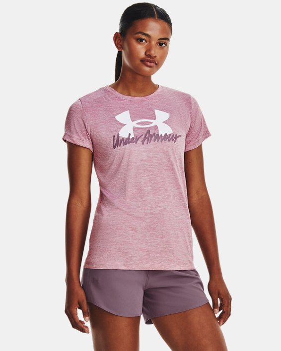 เสื้อแขนสั้น UA Tech™ Twist Graphic สำหรับผู้หญิง in Pink image number 0